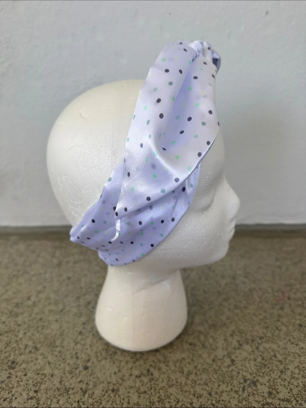 Happily Grey white green satin polka dot print head scarf